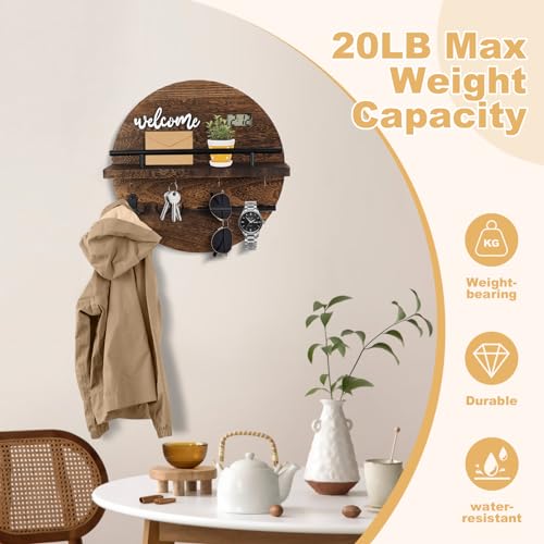 Key-Holder-for-Wall-Key-and-Mail-Holder-Organizer-with-Key-Holder-Wall-Mount-Round-Wooden-Rustic-Home-Decor-for-Entryway-Mudroom-Hallway-Kitchen-Office-Brown