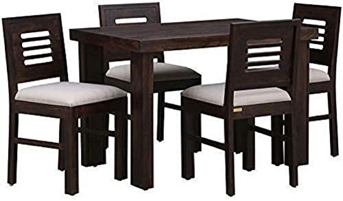 Image of Solid Sheesham Wood 4 Seater Dining Table with Cushioned Chair Sets for Dining Room Rectangular CNC Dinner Table Set for Living Room Home - (Warm Chestnut Finish) |
