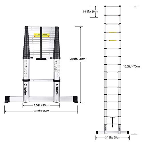 Ohuhu 15.5 FT Telescoping Ladder with Stabilizer Bar, EN131 Certified Convenient Aluminum Telescopic Extension Ladder, 330 Pound Capacity