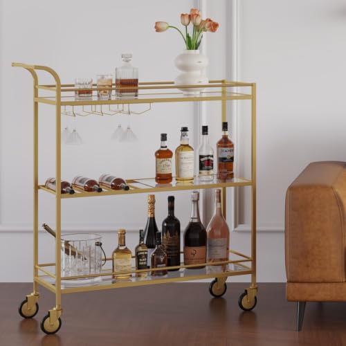 Image of Gold Bar Cart, Home Bar Serving Cart with Handle, Wine Cart with 3-Tier Glass Shelves, Beverage Cart with Wine Rack and Glass Holder, Bar Carts for The Home, Dining Room, Living Room