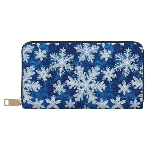 Leather Thin Slim Wallets for Women Men - Fashion Blue and White Snowflakes Print Card Wallet Holder with Zipper
