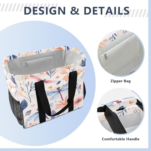 Large Waterproof Travel Tote Bag for Women Men, Wildflowers Dragonfly Leaves Canvas Beach Bag with Lining & Pockets - Reusable Grocery/Laundry/Kitchen/Pool/Picnic Tote (15.4x9.8x12.8in)4