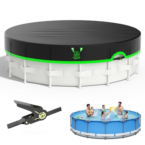 30 ft Round Solar Pool Cover 420D Heavy Duty Above Ground Pool Cover with Sturdy Strap Ratchet Tensioner & Reflective Handles Enhance Windproof Side Seamless Tear Resistant Weather Protection