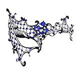 Cosmer Masquerade Mask for Women Shiny Laser Cut Metal Rhinestone Mask Party Porm Ball Mask (Blue Half-face)