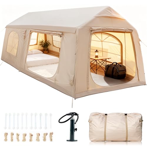 10-12 Inflatable Tents for Camping, Blow Up Tent with Hand Pump, Easy Setup Air Glamping Tents for Camping 4 Season Tent House with Stove Jack, Waterproof 2 Room Large Camping Tent Adult