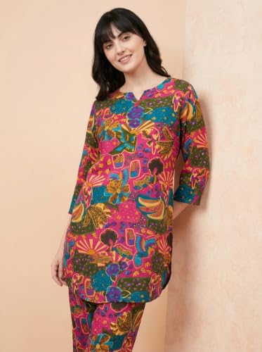 Image of Bee M Pee Designer Trendy Floral Printed Poly Rayon Cotton Kurta Coord Sets for Women | Stylish Casual Kurti Tunic Cord Set with Pant for Woman for Office