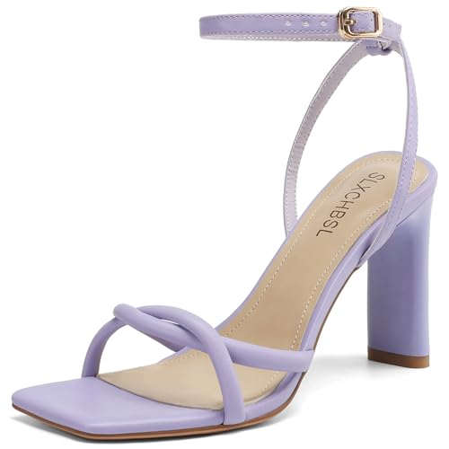 SLXCHBSL Chunky Block Heels for Women Square Open Toe Buckle Heeled Sandals Strappy Ankle Strap Shoes for Party Evening Prom 3.3 Inch High Heels Purple Size 8