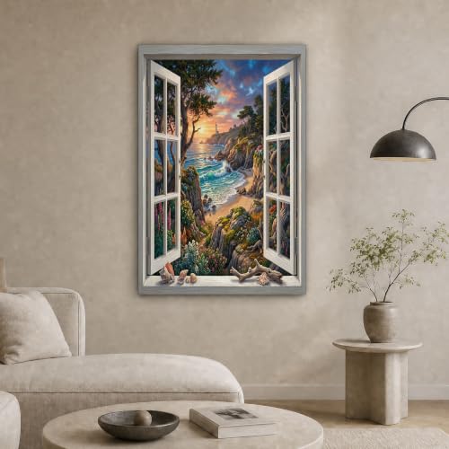 Tableau littoral phare arbre crée un effet de fenêtre ouverte