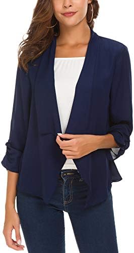 Women's Ruched Sleeve Lightweight Thin Chiffon Blazer (L, Navy Blue)