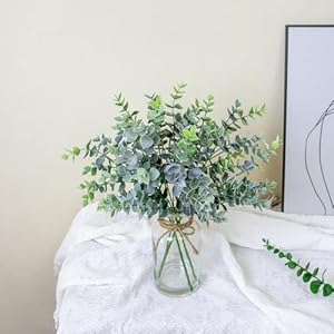 Fake Eucalyptus Stems in Glass Vase with Faux Water,14" Artificial Plants Eucalyptus Leaves for Home Office, Farmhouse and Wedding Centerpieces(Green) Fake Eucalyptus Stems in Glass Vase with Faux Water14 Artificial Plants Eucalyptus Leaves for Home Office Farmhouse and Wedding CenterpiecesGreen