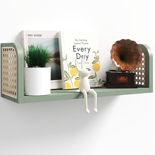 Green Rattan Wall Shelf, Wooden Hanging Bookshelf Storage, Cute N...