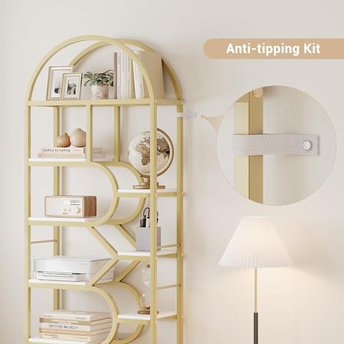Garvee Bookshelf 6 Tier Arched, Bookcase 82 Inch Tall Display Racks, Geometric Open Storage Shelf, Book Rack Metal Frame Large Modern Bookshelf for, Living Room, Home, Office, Gold+White
