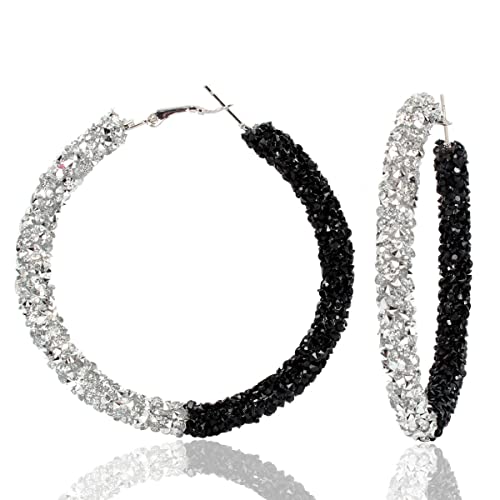 Glitter Hoop Earrings Full Circle Round Sparkle Rhinestone Crystal Wrapped Drop Dangle Earrings for Women Bohemia Statement Jewelry-half silver black by COLORFUL BLING - Used condition - US$5.87