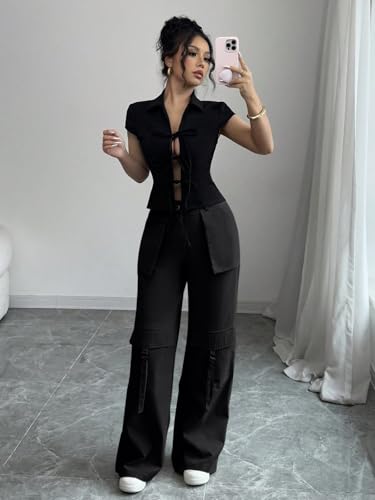 Image of Leriya Fashion Cargo Pants for Woman | Cargo Pants for Women Cotton Wide Leg Utility Fit Flap Pockets | Trousers Fors Women, Relaxed Fit Baggy Pant Airport Outfit for Womens Streetwear Attire