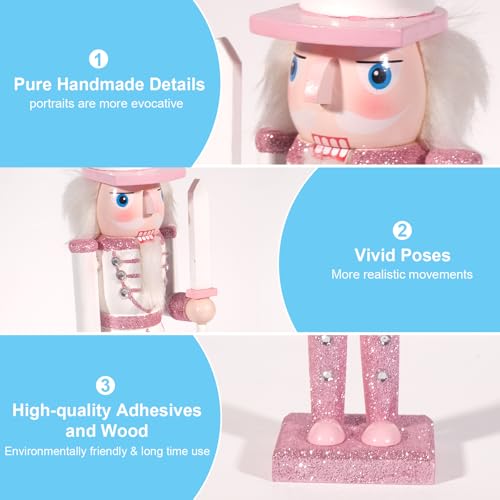 MicoSim Christmas Nutcracker Decor,12\" Wooden Nutcracker Decorations,Collects Nutcracker Ornament for Festival Party Outdoor Xmas Gifts (Pink and White Sword) - Thumbnail 4