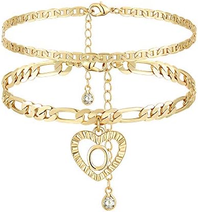 YANODA Initial Ankle Bracelets for Women 14K Gold Plated Layered Figaro Chain Letter Initial Anklets Handmade Layered Heart Ankle Bracelets Personalized Gifts for Women Teen Girls O