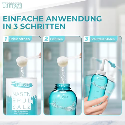 Tampen Nasendusche Erwachsene & Kinder – inkl. 120x Premium Nasenspülsalz (300g), Messlöffel & 3 Aufsätze – Nasenspülkanne - Nasenspülung mit Nasensalz für schonende Nasenreinigung - Nasal Rinse 5