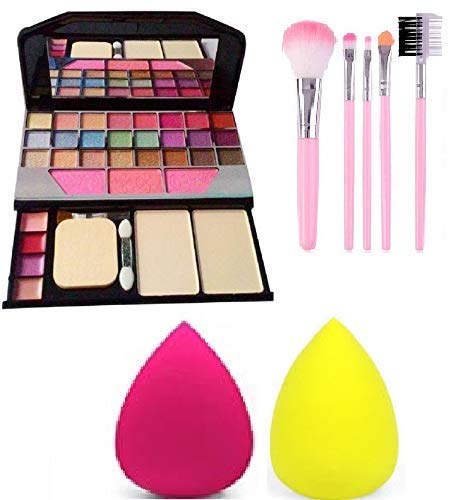 TYA 6155 Multicolour Makeup Kit and 5 Pink Makeup Brushes Set with 2 Multicolour Beauty Blenders - (Pack of 8)