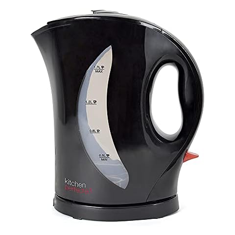 Kitchen Perfected 2000W 1.7L Electric Cordless Kettle - Dual Water Level Windows with Cup Indicators - Washable Filter ? On / Off Indicator Light -Automatic Safety Shut-Off - E1524BK - Black Cover
