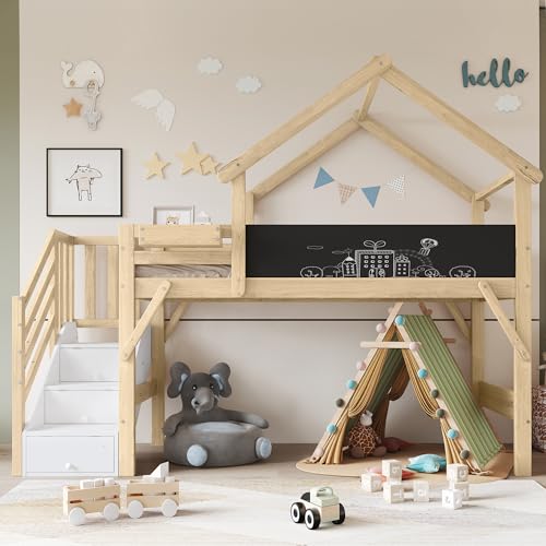 Zravenna Cama alta 90 x 200 con escalera de 3 taquillas, litera con pizarra, cuna con protección contra caídas y rejilla, color blanco y natural