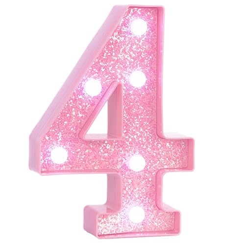 Image of Pink Light Up Marquee Numbers, Glitter LED Number Lights Signs Battery Operated for Girls 4th 14th 24th Pink Birthday Party Table Decorations, 8 Inch Tall Number 4 with Cool White Lights