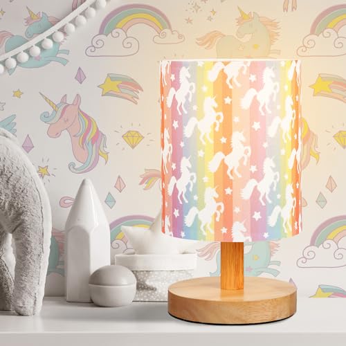 VIHOSE Cute Unicorn Kids Table Lamp for Bedroom Kids Bedside Lamp with Linen Wooden Nightstand Cartoon Nursery Lampshade for Girls Boys Living Room