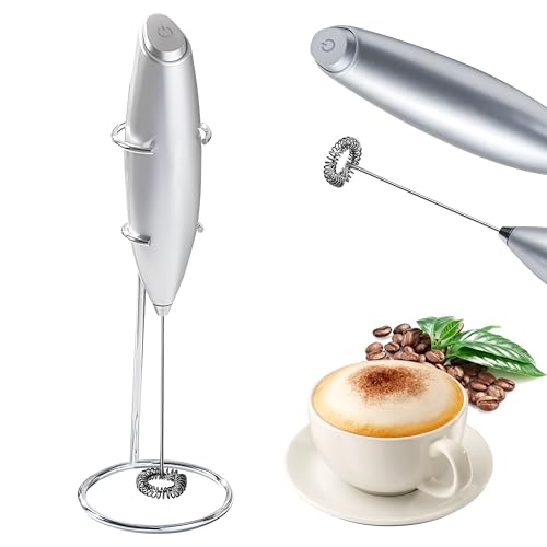 Electric Milk Frother Handheld Mini Foamer with Base Coffee Maker Egg Beater for Chocolate Cappuccino Frappe Stirrer Portable Blender Whisk Tools (Silver)