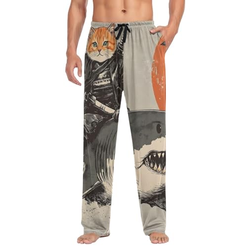 Men's Pajama Bottoms Cute Cat Samurai Lounge Pajama Pants Sleep Bottoms with Pockets for Men S3