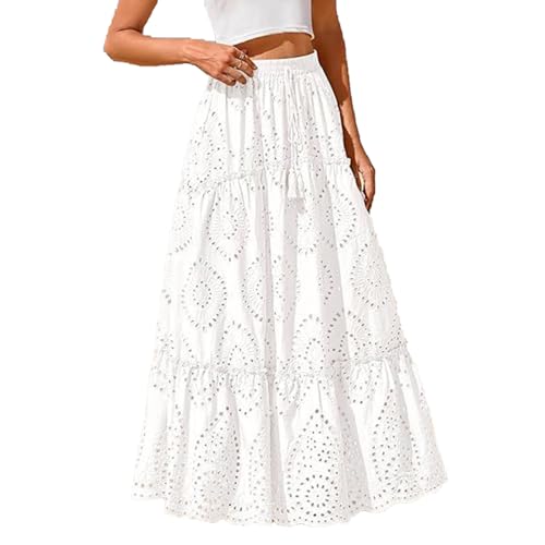 HGps8w Elegant Embroidered Lace Eyelet Maxi Skirt for Women 2025 Hollow Out High Waisted A-Line Boho Beach Skirt