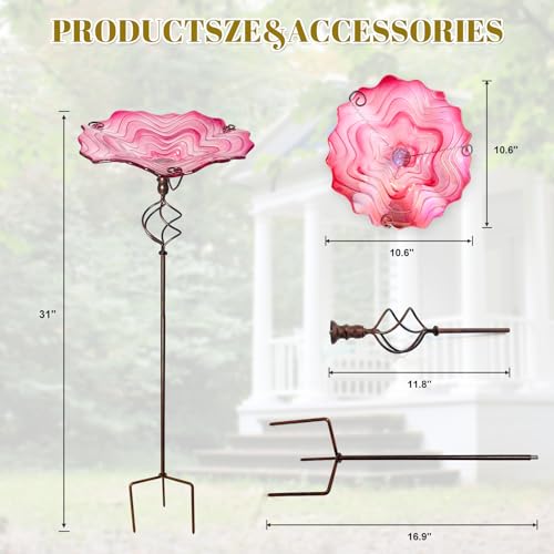 Image of HONGLAND Bird Baths for Outside,12 inch Small Pink Glass Birdbaths Outdoor,Detachable Bird Feeder with Metal Stake for Garden Yard Patio Decor,32 inch Height