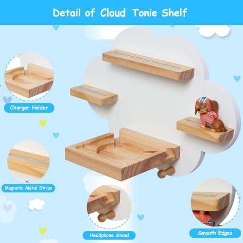 Image of White Cloud Tonie Storage,Wall Floating Shelf for TonieBox 1 /2 | Tonies Figures Tonies Storage,Magnetic Wooden Floating Shelves Compatible with 12-20 Player Character for Children's Room