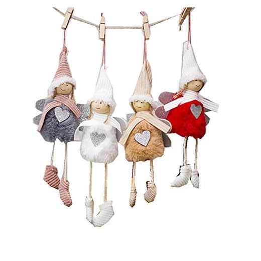 Freesiom Kit de 4pcs Ornement Noel Décoration Suspendu pour Sapin Noël Traditionnel Original Mini Poupee Ange Coeur Pompon Tissu Kawaii Cadeau Décor Suspendre Porte Fenetre (Blanc Rouge Marron)