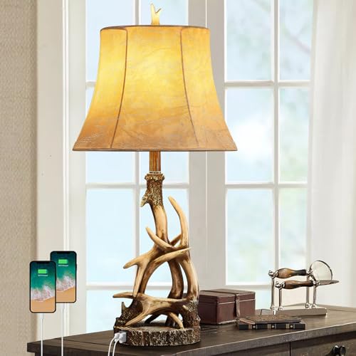 2725 Rustic Antler Table Lamps for Living Room with USB A C Charging Ports Western Cabin Bedside Lamps for Bedroom Nightstand Lamps with Faux Leather Lampshade Single Bulb Not Included