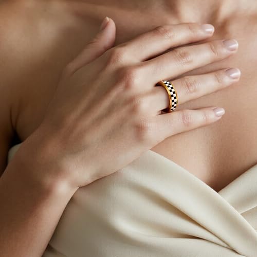 Mothers Day Gifts for Mom Daughter-Checkered Fidget Ring for Anxiety Relief,Silent Spinning Jewelry,Black & White Pattern Stainless Steel 18K Gold Plated Thumb Spinner Jewelry for Men Women Size 5-11 — view 2