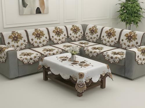 Image of Fab Nation Sofa Cover L Shape 5 Seater with Corner L Type Fully Covered Sofa Set for Living Room | Cotton Sofa Slipcovers for 3 + 2 Seaters Cover with 2 Arms + 1 Table Cover | Brown