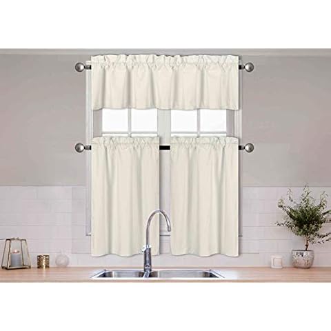 Better Home Style 3 Piece Solid Color 100% Blackout Kitchen Window Curtain Set with Tiers and Valance Solid Energy Efficient Thermal Room Darkening Drape Window Treatment # MKC (Ivory) Cover