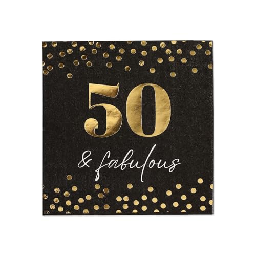 Masterpiece 50 And Fabulous Beverage Napkins / 50 Black 50th Birthday Cocktail Napkins With Shiny Gold Foil Accents / 4 3/4" x 4 3/4" Square Modern Confetti 3 Ply Party Napkin