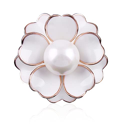 Image of Women Camellia Flower Pearl Enamel Brooch Pins for Ladies Jewelry Fashion