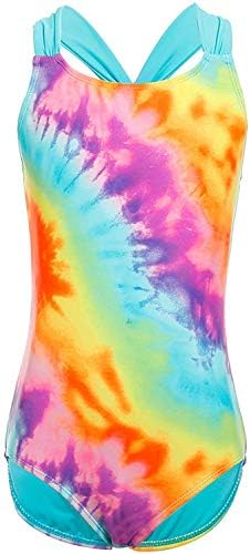 Girls Swimsuits, Blue Rainbow Tie Dye Striped One Piece Swimsuit with Pleat Mini Skirt, Two Piece Bathing Suit Set, Size 14-16