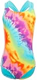 Girls Swimsuits, Blue Rainbow Tie Dye Striped One Piece Swimsuit with Pleat Mini Skirt, Two Piece Ba