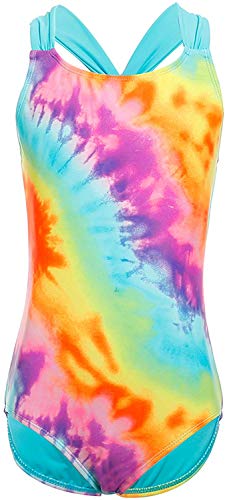 Girls Swimsuits, Blue Rainbow Tie Dye Striped One Piece Swimsuit With Pleat Mini Skirt, Two Piece Bathing Suit Set, Size 14-16 #TOP13