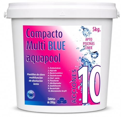 Productos químicos y para análisis de aguas | Compacto 10 Acciones Aquapool 200 Gr - Pastillas De Cloro Multifunción - Disolución Lenta - Apto Piscinas Liner 5 Kg