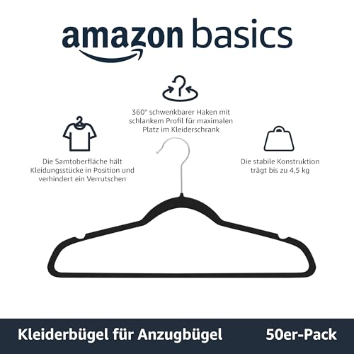 Amazon Basics Schmale und rutschfeste Kleiderbügel für Hemden/Anzug/Kostüm, 50er-Pack, Schwarz