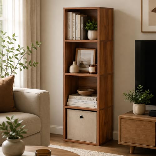 Image of 4 Cube Storage Organizer Wooden Bookshelf, 4 Cube Shelf Bookcase, Small Bookshelf Storage Organizer, 4 Cube Storage Shelf for Bedroom, Small Bookshelf for Living Room and Office (Natural)