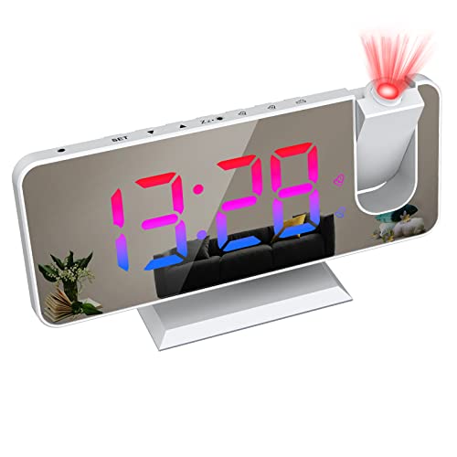 Mightree Projection Alarm Clock For Bedroom, Rgb Digital Alarm Clock With Usb Charger, 7.4" Large Led Mirror Display Alarm Clock, Dual Smart Alarm With Projection On Ceiling, White #TOP6