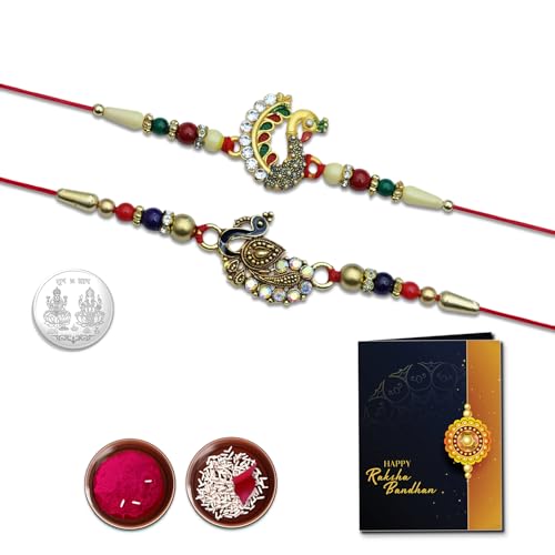 Image of Oblivion Artistic Peacock Rakhi Set of 2 for Brother with Silver Colour Pooja Coin, Tilak Set and Greeting Card for Raksha Bandhan Celebration