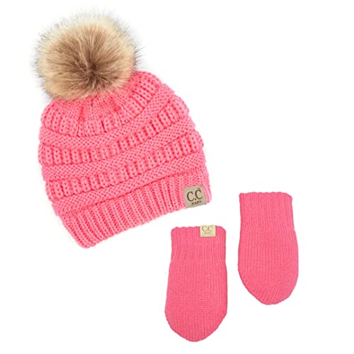 Infant Pom Beanie And Mittens Set - Candy Pink (Faux Fur Pom) #TOP21