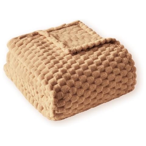 PLEASANT BOULEVARD Fleece Throw Blanket for Couch with 3D Turtle Shell Jacquard Soft Blanket, Fuzzy Blanket for All Seasons 90x90 Inches, Camel Cover