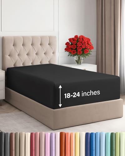 Image of Deep Twin XL Fitted Sheet - College Dorm Room Essentials - Black | Easily Fits 18 inch to 24 inch Mattress, Wrinkle Resistant, Soft, Breathable & Comfy, Extra Deep Pockets Fitted Sheet