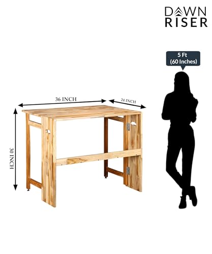 Image of Extended One-Side Folding Teakwood Table - Space-Saving Design, Sturdy Build, Adjustable Height, Multi-Purpose Dining, Work, Study, Easy Assemble, Indoor Outdoor Use - DIY Model - Natural - Dawnriser